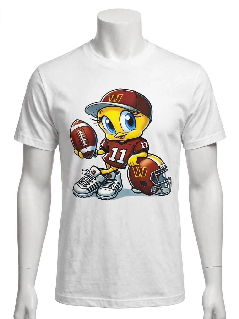 White Graphic Tee with Cartoon Football Chick - Unbranded